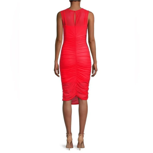 Black Halo Elvia Ruched Mesh Sheath Dress in vivid melon midi small new women’s - Picture 3 of 10